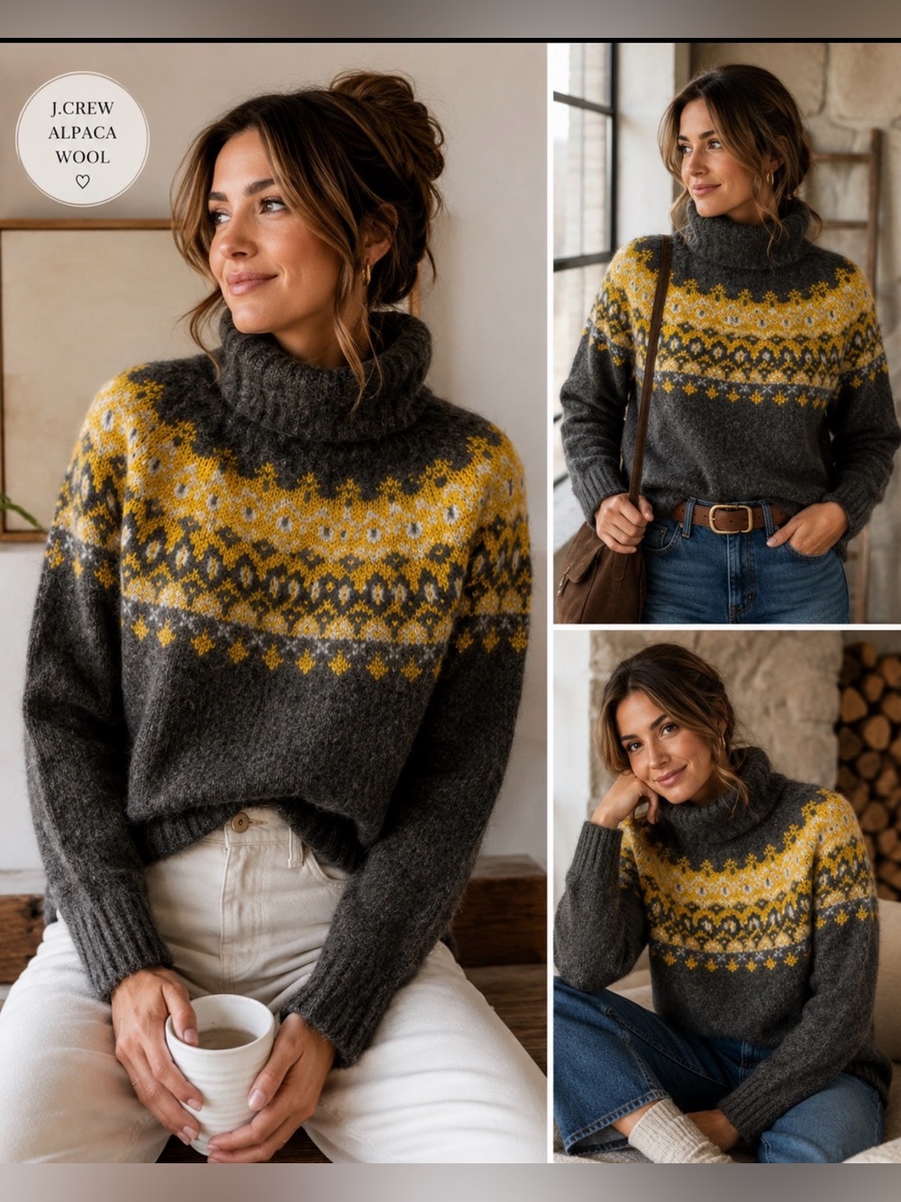J.Crew Alpaca Wool Fair Isle Turtleneck Sweater Gray Mustard Nordic Cozy Women’s - Picture 2 of 7